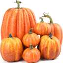 Lucakuins Set of 7 Artificial Pumpkins Fall Decoration Assorted Faux Pumpkin Cute Foam Pumpkins for Home Outside Halloween Decorating (Orange)