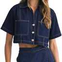 POTILI Women's Denim Top, Short Sleeve Cropped Denim Jacket Button Down Casual Jean Jacket Shirt with Pocket, Large