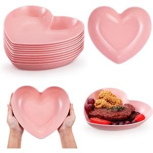10 Pcs 8.5 Inch Pink Heart Plates - Valentine's Day Plates & Bowls - Dessert, Appetizer, Salad - Heat Resistant Plastic - Modern Style