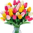 Sggvecsy 30 Pcs Fake Tulips Artificial Flowers Real Touch PU Faux Flowers Tulip Stems for Wedding Spring Bouquet Floral Arrangement Home Office Party Decorations for Mother's Day (Multi Colors)