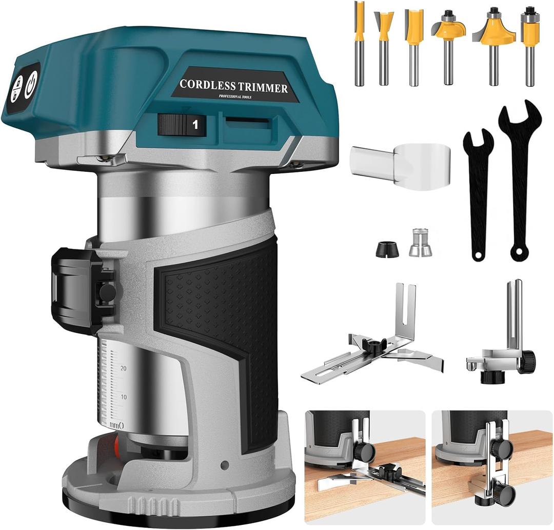 800W Cordless Compact Wood Router Tool for Makita 18V Battery, 6 Speeds Adjustable 30,000 RPM Electric Hand Woodworking Trimmer Palm Router with Edge & Roller Guide, Dust HoodNO Battery