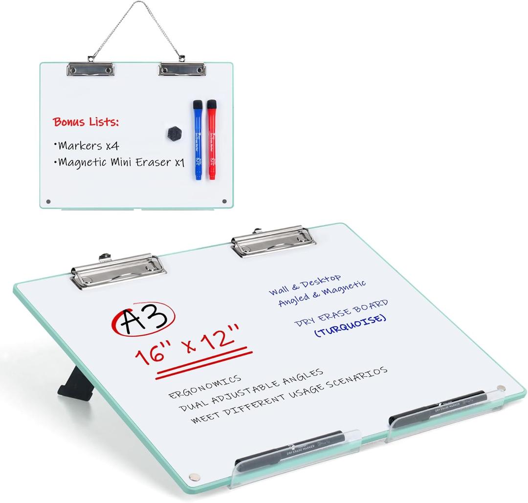 Large A3 Writing Easel Desk Adjustable Dry Erase, Keyboard Stand for Desk, Learning Portable Clipboard Magnetic, White Board Dry Erase Wall Hangable, Slant 18/13 for Teachers & Students, Mint Frame