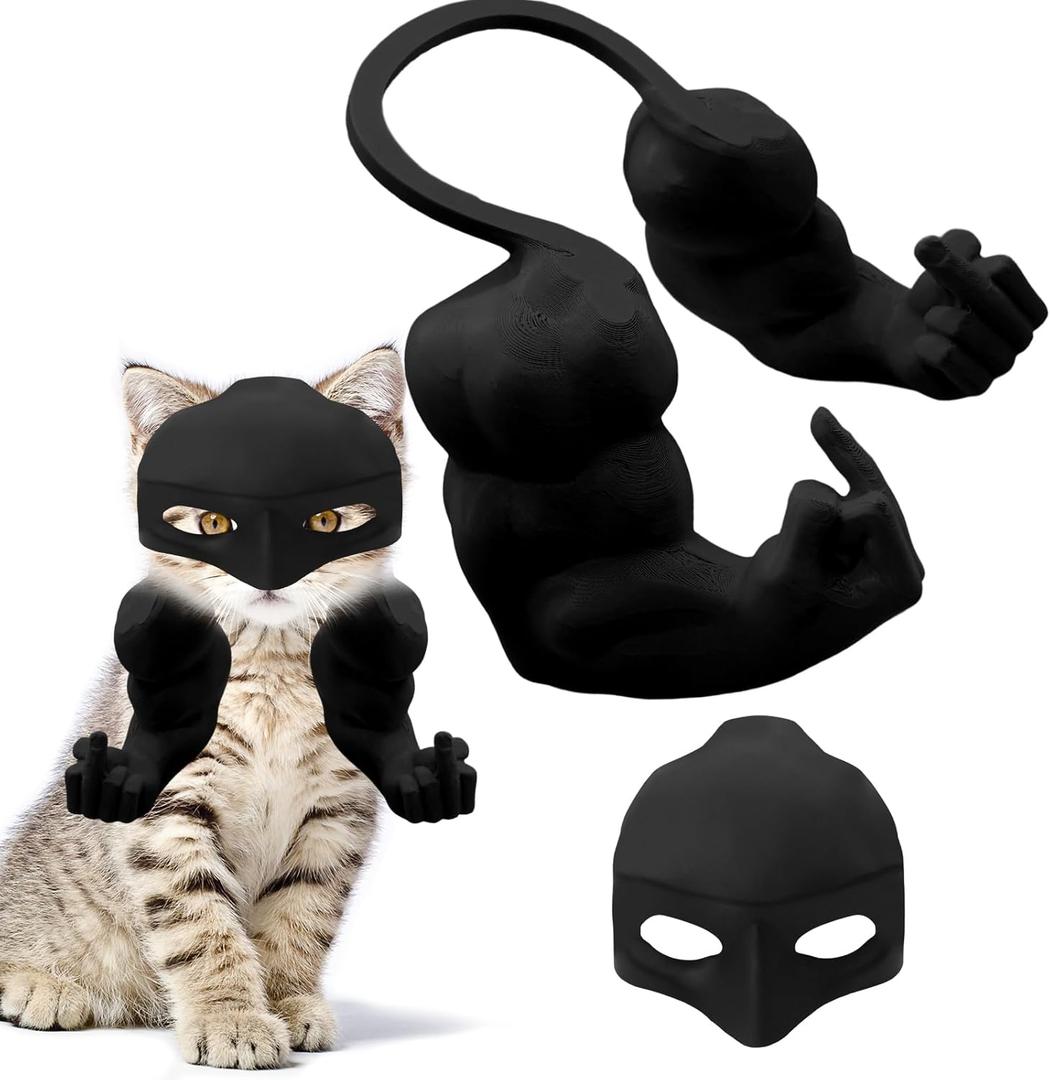Creative Cat Muscle Arms & Cat Mask 2 Pcs, 3D Cats Arm Printed for Cats Cosplay, Funny Pet Outfit for Halloween Party Decor (Black B)