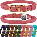 BRONZEDOG Rolled Leather Dog Collar with QR ID Tag Adjustable Soft Round Collars for Small Medium Large Dogs Puppy Cat (11" - 14 1/2" Neck Size, Coral Pink)