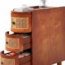 LITTLE TREE Solid Wood End Table, Rattan Narrow Side Small Table with 3 Drawers, No Assembly Required, Nightstand Bedside Tables for Living Room, Bedroom, Office, Bathroom, Brown, 1PCS