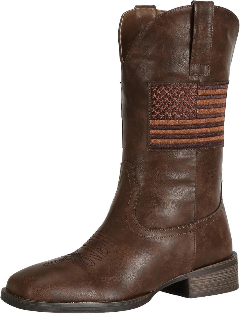 J's.o.l.e Men's Western Boots Wide Square Toe Cowboy Boots Mid Calf Brown US Size 12