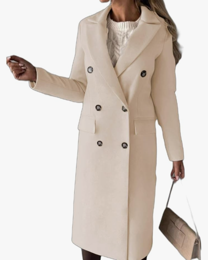 Women Double Breasted Wool Blend Mid Long Pea Coat Notch Lapel Jacket Outwear Cozy Casual Winter Coats for Women Size L