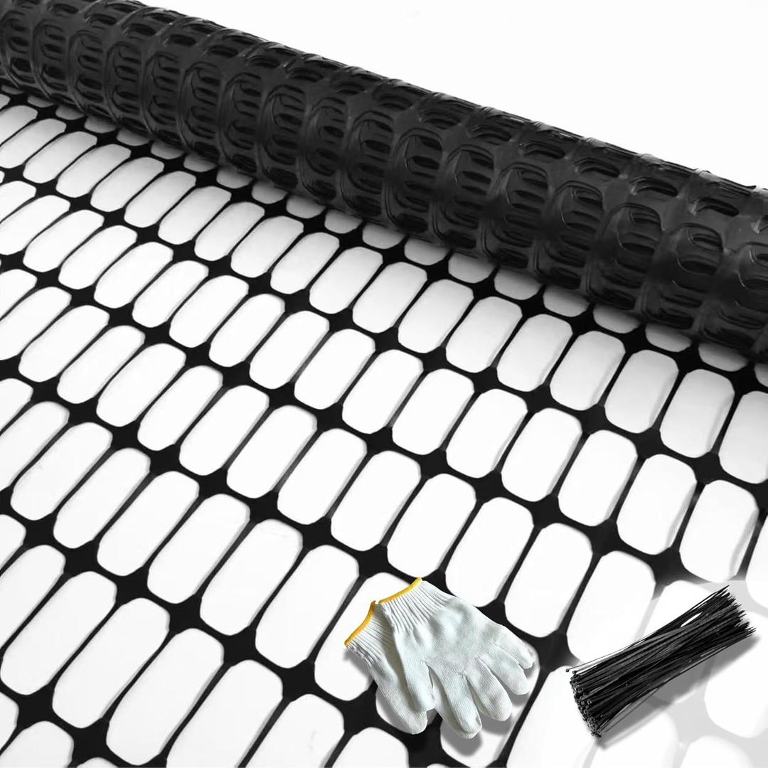 PotatoLife Plastic Mesh Fence, Extra Strength 4'x50' Roll with 50 Zip Ties, Resuable Temporary Netting for Garden Fencing, Snow Fencing, Animal Barrier, Poultry, Deer, Dog, Construction, Black
