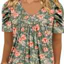 Onlypuff Womens T Shirts Dressy Casual Pleated Tunic Boho Floral Blouse Fashion Summer Outfits Short Sleeve Tops Round Neck GreenOrange L