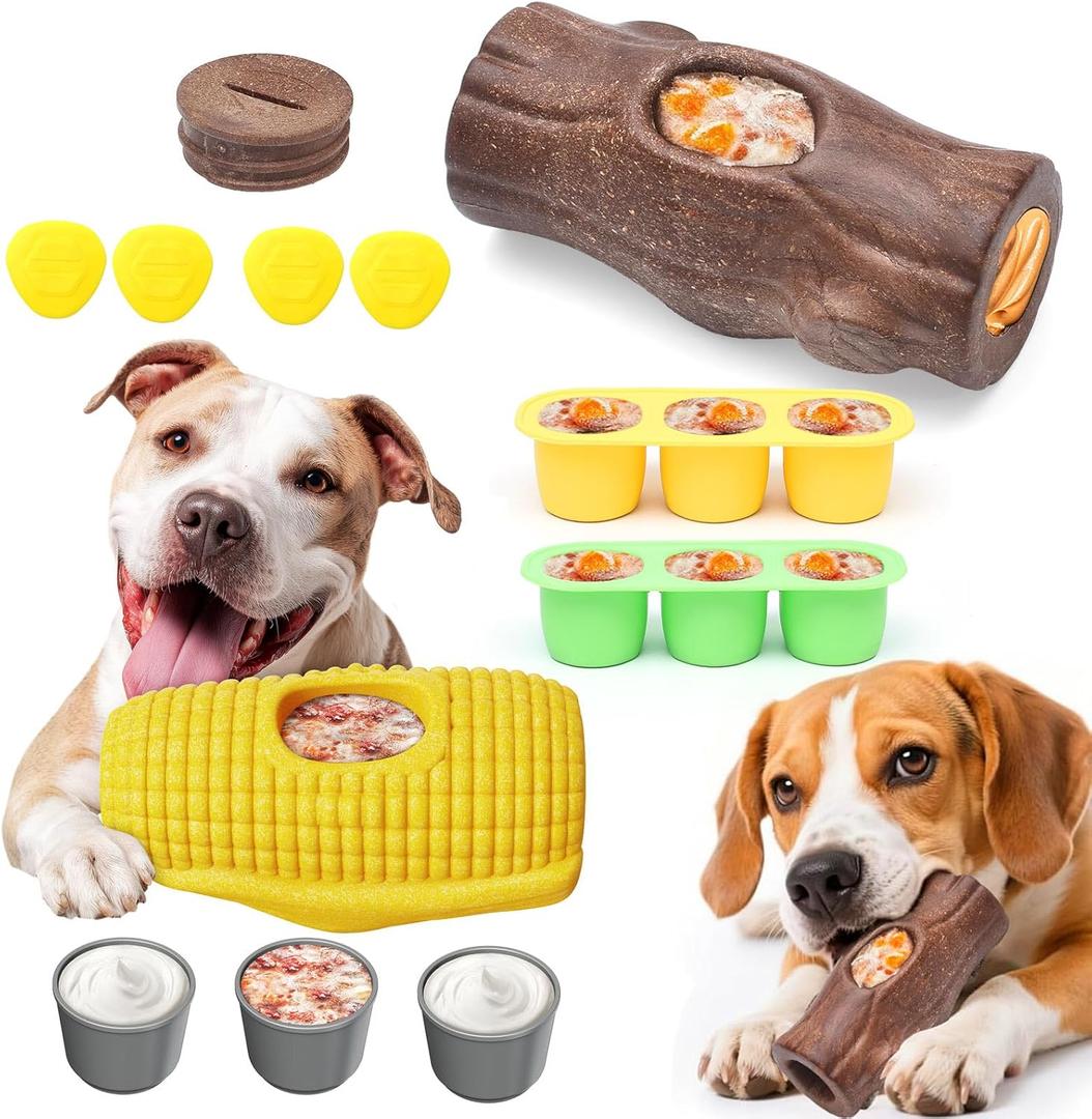 2 Pack Dog Toys for Aggressive Chewers  Interactive Indestructible Dog Toys to Keep Them Busy  Frozen Treat Toy for Large & Medium Dogs, Reduces Anxiety, Tree Stump & Corn Shapes (Yellow Brown)