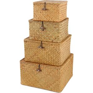 Wicker Shelf Baskets with Lid, Handwoven Seagrass Storage Basket Bins Square Gift Boxes for Shelves Home Decor Organizer (Natural, Set of 4)