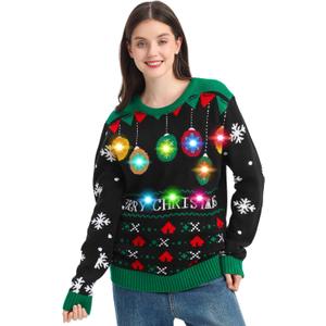 MGparty Ugly Christmas Sweater for Women 2025 Christmas Cute Light Up Sweaters Holiday Party Novelty Funny Pullover (Medium, Black)