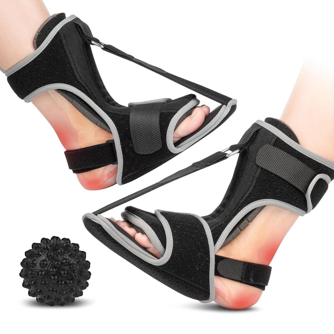 Plantar Fasciitis Night Splint with Massage Ball for Plantar Fasciitis Relief, 2 Pack Comfortable Plantar Fasciitis Brace for Achilles Tendonitis Heal Spur Foot-drop Flat-arch, Free Size for Men and Women - Black