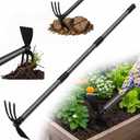 Heavy Duty 2-In-1 Garden Hoe with 3 Tine Cultivator Rake, Carbon Steel Sharp Weeding Tool with 45"Adjustable Handle For Weed Removal & Soil Loosening In Raised Beds, Flower & Vegetable Gardens