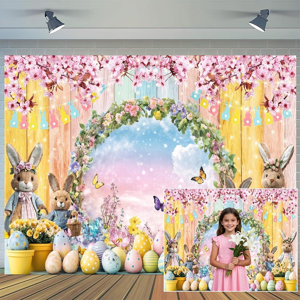 10X8ft Spring Easter Backdrop Cute Bunny Colorful Eggs Floral Colorful Wood Photography Background for Easter Party Decorations Photo Booth Cake Table Supplies Photo Studio Props Wall Decor Banner