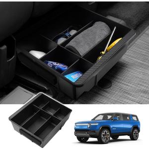 Karltys Under Seat Storage Box Organizer with Partitions for Rivian R1S R1T 2022-2025 Accessories, Hidden Storage Box with Silicone Anti-Slip Mat, ABS Underseat Storage Organizer