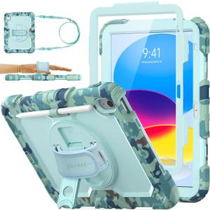 SEYMAC stock Case for iPad (A16) 11th/10th Generation 11''/10.9'' 2025/2022, Full-Body Drop Protection Case with Screen Protector &360 Rotate Hand Strap/Stand, SkyBlue Camo
