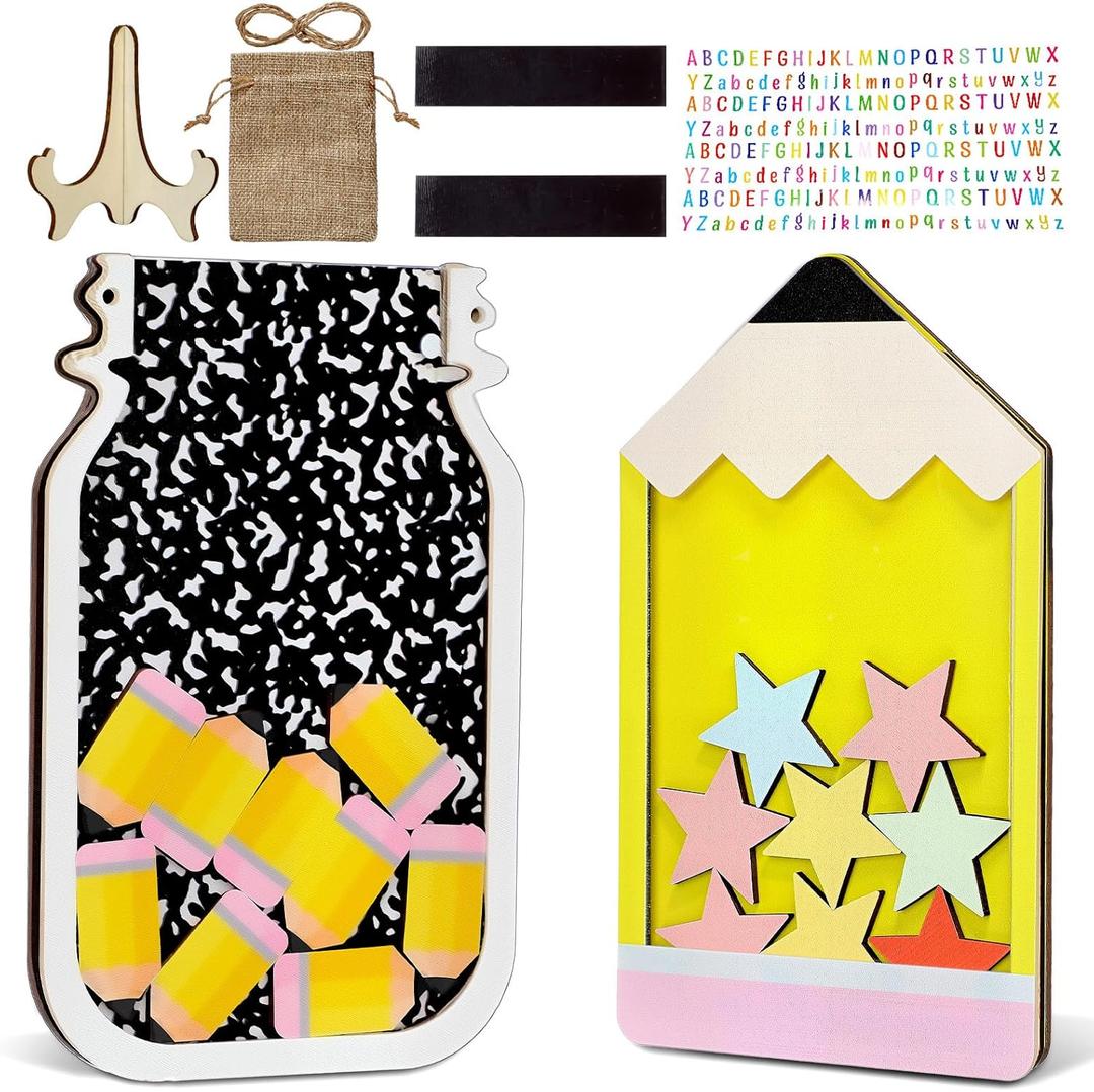 Soulchen 2 Pack Personalized Magnetic Reward Jar Pencil Pattern Star Reward Jar System with Colorful Letter Stickers Composition Book Pencil Theme Home Classroom Good Behavior Chart Management Tools
