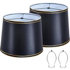 Lamp Shades Set of 2, Drum Lampshade 10 Inches Height, Lampshades for Table Lamp, Floor Lamp, Pendant Light, Grey Lampshades,Harp Holder Included (Black,Gold)