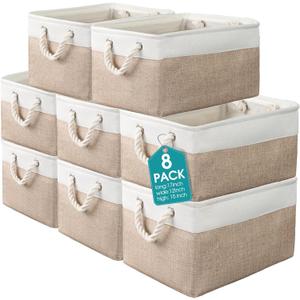meekoo 8 Pack Collapsible Storage Bins Fabric Storage Bins Polyester Fabric Baskets with Handles Linen Closet Organizer for Shelf Home Closet Towels Toys(17 x 12 x 15 in,Beige)