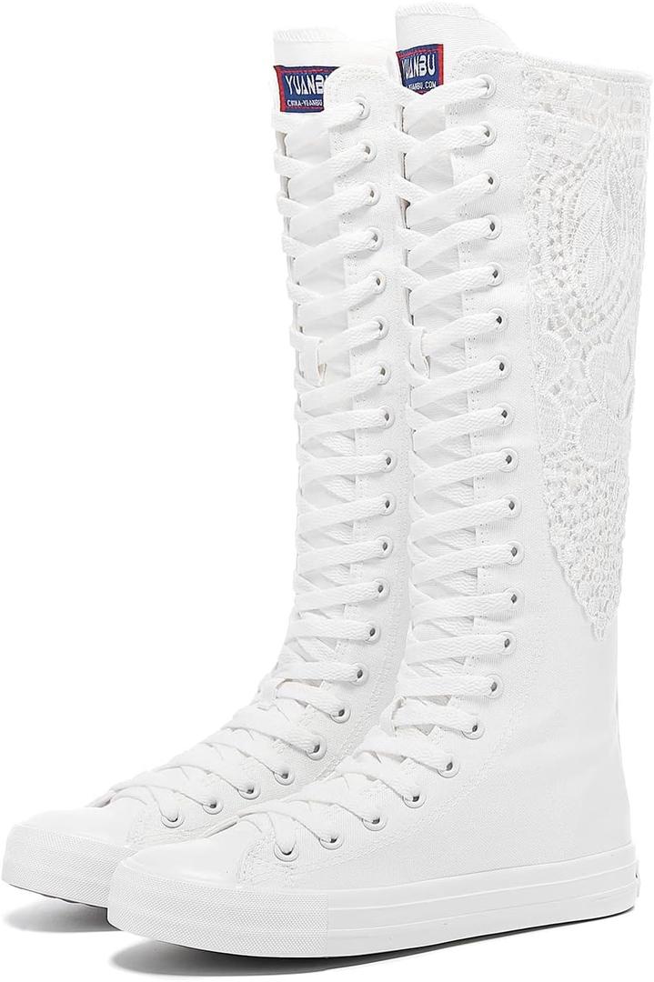 Momuk Fashion Girls Canvas Boots Knee High Sneakers Causal School Shoes Applicable for Both School Dresses or Casual Occasions for Women Size 8 B(M) US White