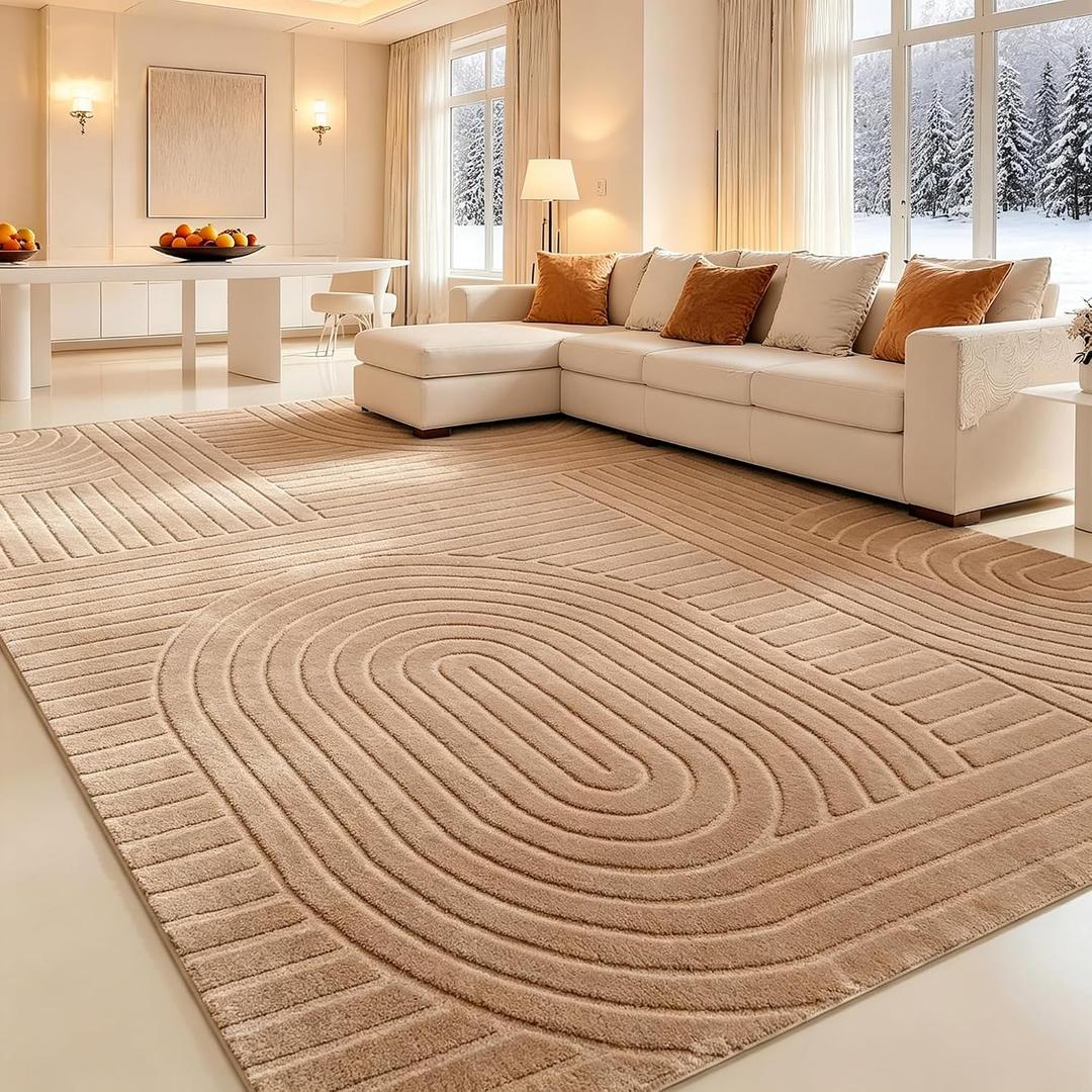 Brown Solid Area Rug 8x10, Washable Non Slip Rugs for Living Room | Soft Fluffy Modern Geometric Boho High-Low Pile Textured Carpet for Bedroom, Dining Room, Kids Room, Nursery,Apartment,Office