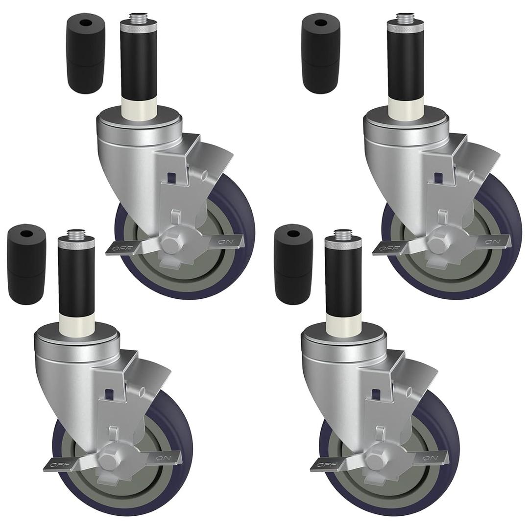 3 Inch Expanding Stem Caster Wheels Set of 4 for Table Legs, Stainless Table Casters All with Brake Fit 7/8",1" and 1-1/8" Inner Diameter Tube Leg Adapter Caster