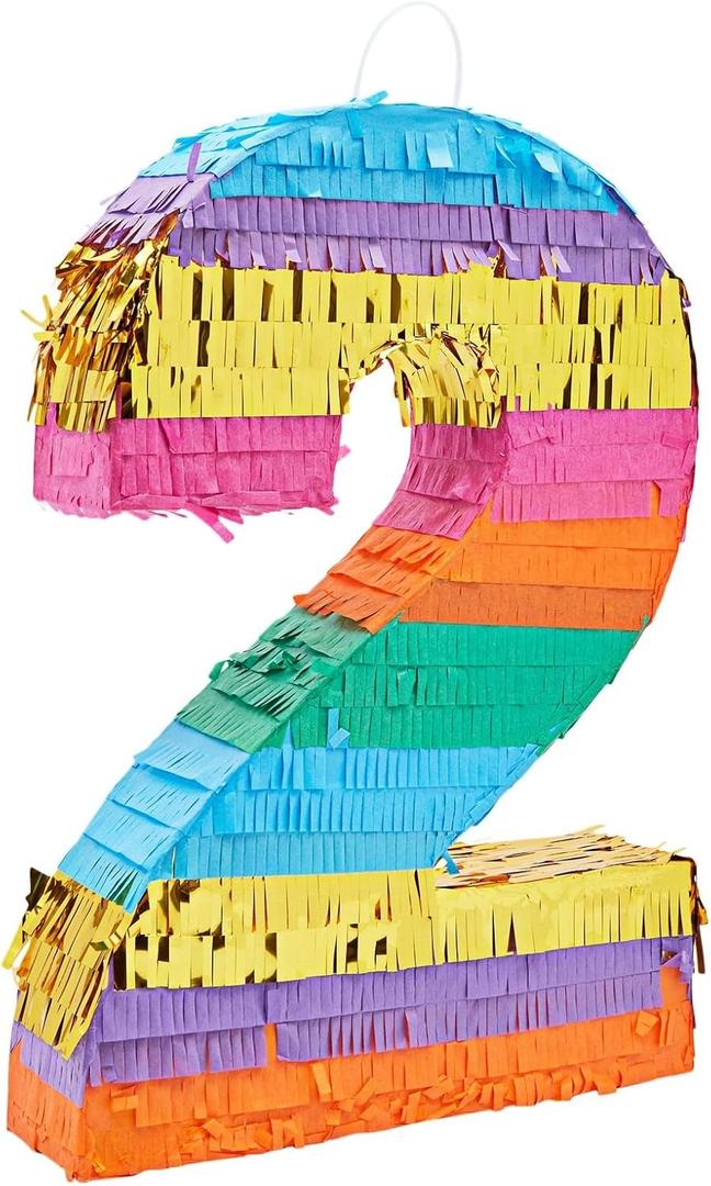 Number 2 Rainbow Pinata with Hanging Loop for Kids 2nd Birthday Party Decorations, Centerpiece Anniversary, Mexican Fiesta, Easy to Fill Label (11x3x16.5 in, Small)