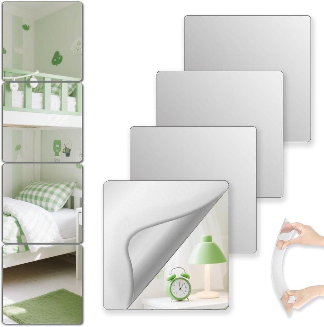 Shatterproof Peel and Stick on Mirror Tiles for Wall Decorative, 4 pcs 8x8 Unbreakable Small Mirrors for Wall Classroom Decor, Toddlers Mirror for Kids Bedroom, Plastic Door Adhesive Mirrors (Silver)