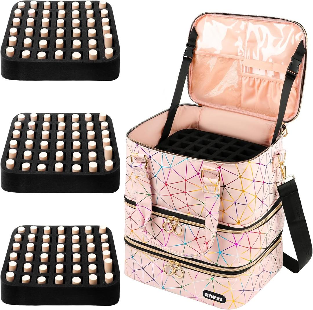 SIYNPAV Nail Polish Organizer Bag Holds 126 Bottles (15ml/0.5fl.oz)& Nail Lamp, 3 Layers Detachable Nail Kit Storage Case PU Leather, Large Travel Nail Supplies Shoulder Bag for Manicure Tools (Pink)