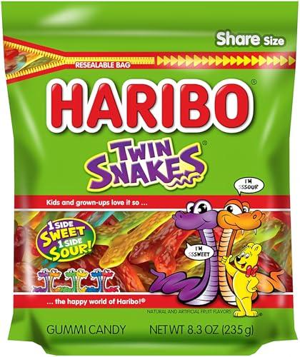 HARIBO Gummi Candy, Twin Snakes Sweet & Sour Gummy Candy, 8.3 Ounce Resealable Share Size Stand Up Bag, Soft & Chewy Snacks, Assorted Fruity Flavors, Pack 4