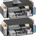 OPNICE Desk Organizer and Accessories, 2-Tier Computer Monitor Stand Riser with Drawer and 2 Pen Holders, Laptop Stand, Office Desk Accessories for Office Supplies, Black 2-Pack