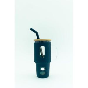 Glass Tumbler with Silicone Sleeve and Bamboo Lid, 32 oz, with Straw (Dark Blue)