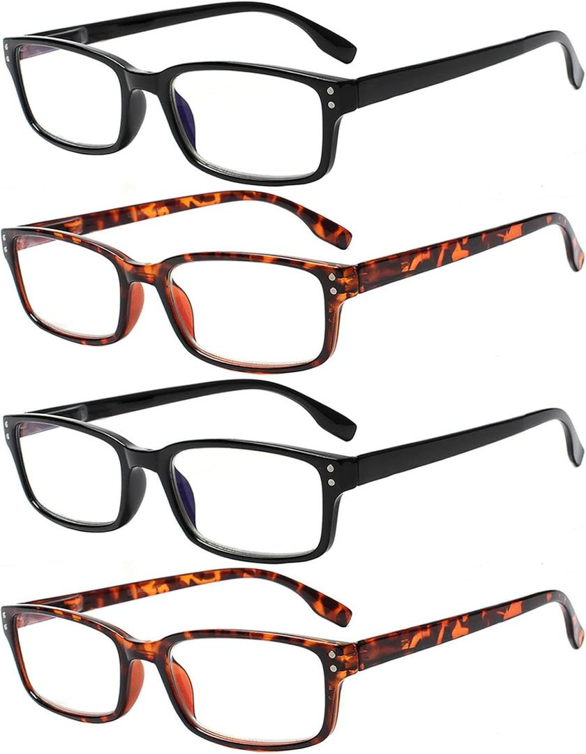 Kerecsen 4 Pack Reading Glasses for Men and Women with Spring Hinges, Lightweight Black Rectangular Readers Eyeglasses (2 Black 2 Tortoise, 3.50)