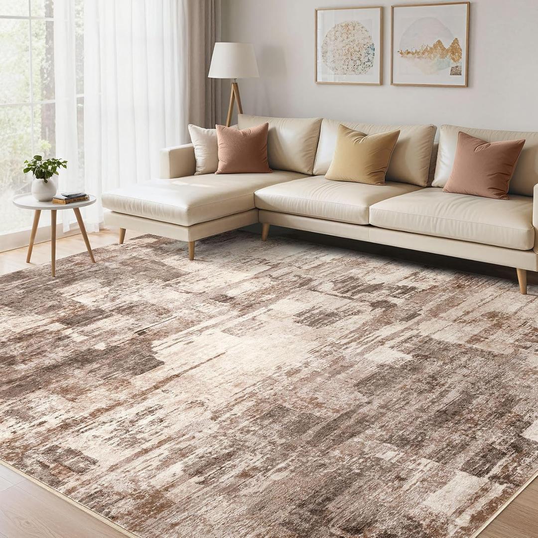 Abstract 12x15 Area Rugs for Living Room: Washable Rugs Brown