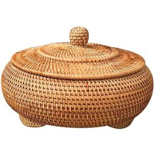 Round Rattan Boxes with Lid Hand-Woven Multi-Purpose Wicker Tray 8.6Inch Picnic Food Bread Table Storage Basket (22x13cm)