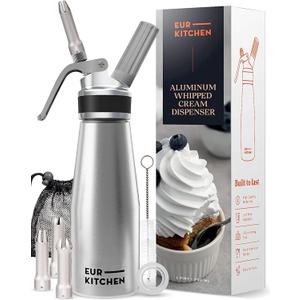 EurKitchen Professional Aluminum Whipped Cream Dispenser - Leak-Free Whip Cream Maker Canister with 3 Decorating Nozzles & Cleaning Brush - 1-Pint / 500 mL Cream Whipper - N2O Chargers (Not Included) (Standard Silver)