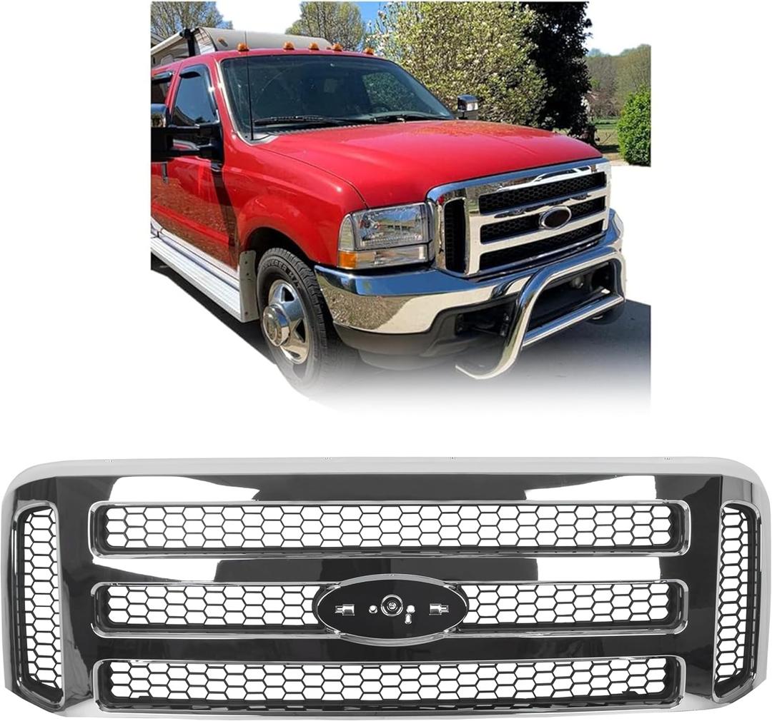 ECOTRIC Front Grille Compatible with Ford 1999-2004 F250 F350 Super Duty 2000-2004 Excursion New Grille Chrome Mesh Style (Silvery)