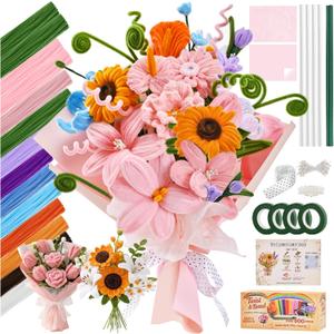800 PCS Pipe Cleaner Flower Kit, 12 Colors Chenille Stems Craft Kit with Floral Stems, Tape, Stamens, Ribbons, Manual - Make DIY Flowers for Heartwarming Gifts, Family Crafts, Cozy Decor & Bonding