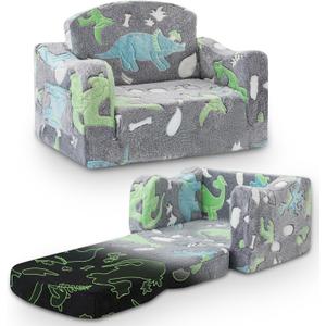 aodisman Thick Comfy Toddler Chair and Couch for Kids,2-in-1 Soft Plush Fold Out Sofa for Children,Convertible Couch to Lounger for Toddler (Gray Dinosaur)