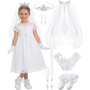 3 x First Communion Accessories Set - White Veil Costume Kit for First Communion Dress Up Wedding Bridal Shower