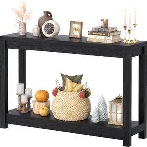 Besiost 47" Farmhouse Wood Entryway Table Narrow Console Table with Storage Behind Couch Sofa Table with Shelves for Entry Way with Open Storage, Easy Assembly, Embossed Wood Grain Black, 47"*31.3