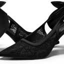 Coutgo Womens Slingback High Heels Bow Closed Pointed Toe Lace Patchwork Party Dress Shoes. women size 9