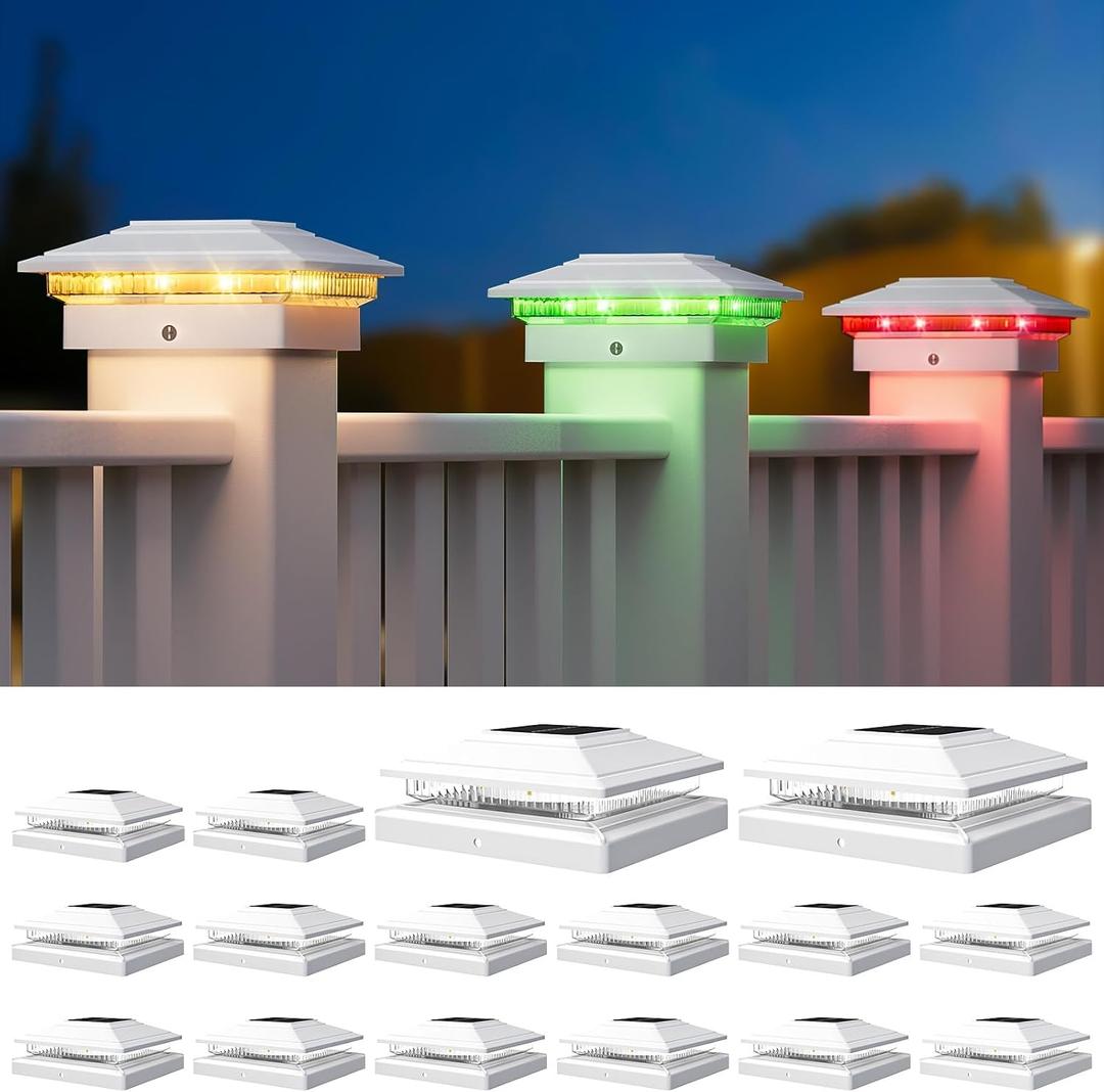 APONUO Solar Post Cap Lights Color Changing 16 Pack - RGB 8 Solid & Gradient Colors, IP65 Waterproof, for 4x4 5x5 6x6 Wood Vinyl Fences, Deck, Patio, Yard (White)