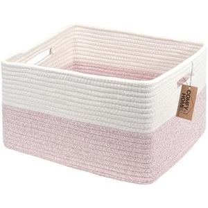 COMFY-HOMI Cotton Rope Woven Basket with Handles for Shelves,Toys,Book, Cloth Storage Baskets for Organizing-17" x 13" x 7.5" Toy Decorative Organizer for Living Room, Bathroom （white/pink）