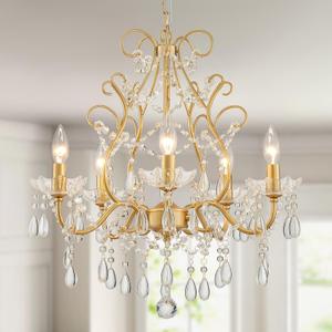 WUZUPS 5-Light Crystal Candle Chandelier Pendant Ceiling Light Modern Lighting Fixture for Bedroom Hallway Bar Kitchen Bathroom, H 23.2" W 20.7", E12 Base, Gold, Pendant Light, 23.2" High 20.7" Wide