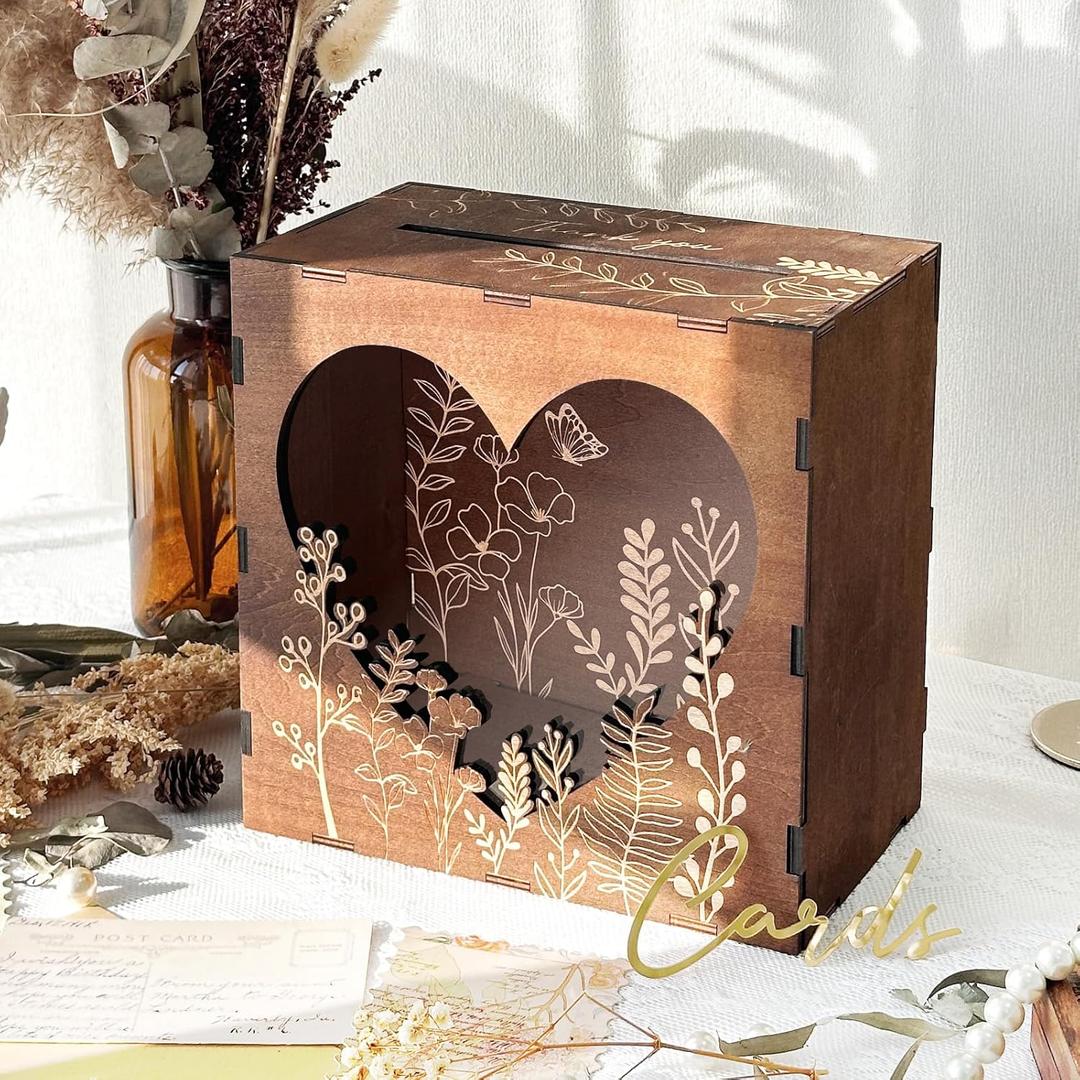OurWarm Brown Wedding Card Box for Reception with Heart Acrylic Window, Wooden Box for Wedding with Flower Pattern, Vintage Card Box for Graduation Birthday Party Anniversary Baby Shower