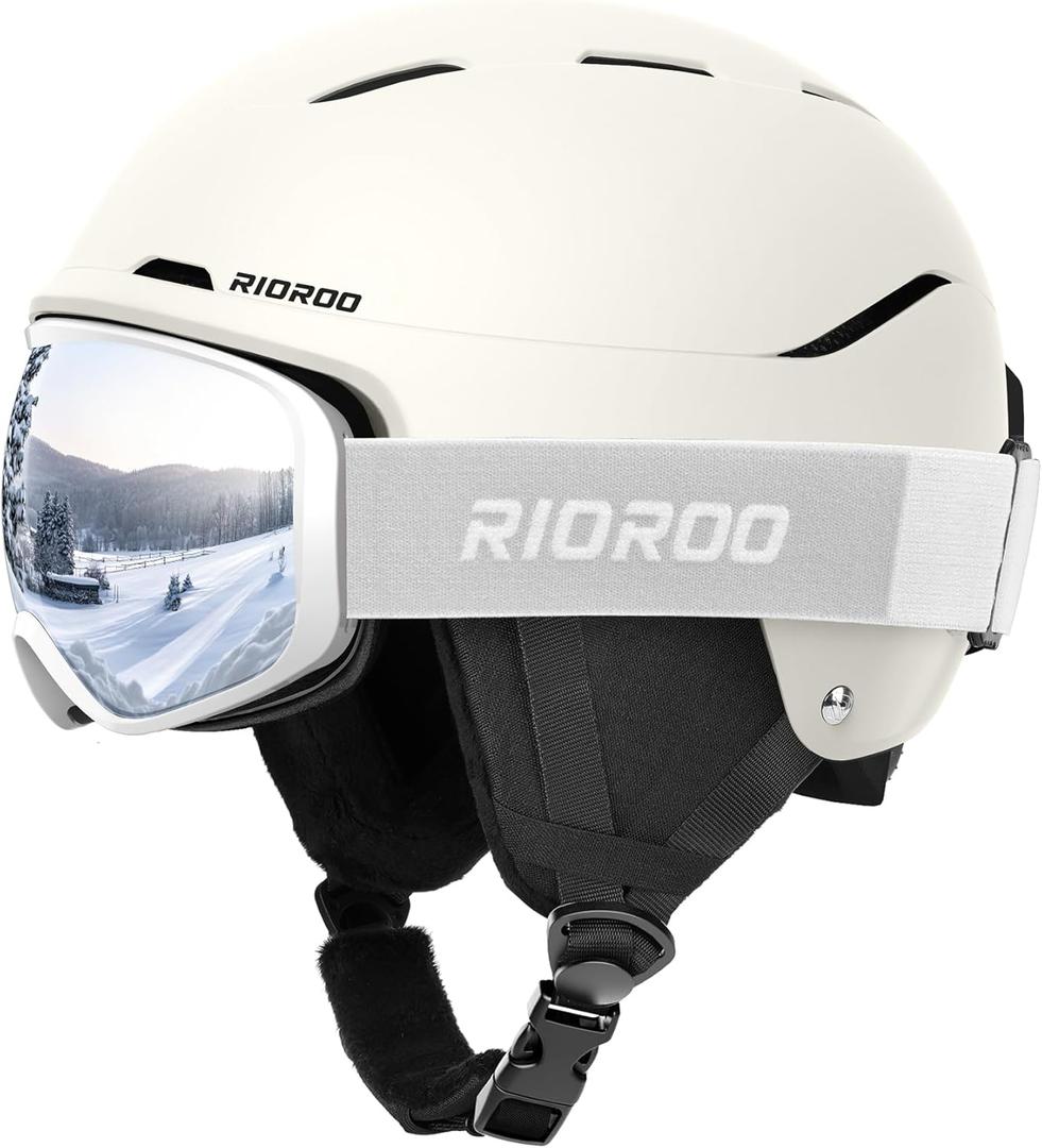 Ski Helmet and Goggles Set, Snowboard Helmet Goggles for Men Women & Youth, Shockproof Snow Helmet Anti Fog OTG Snow Goggles for Skiing Snowboarding (Large, Egg White)