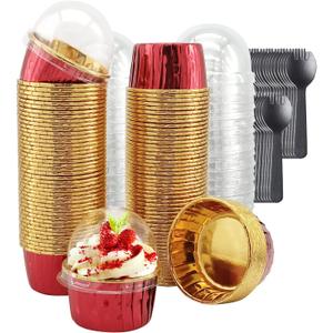 Foil Cupcake Liners with Dome Lids 100Pack,Free-Air 3.5Oz Cups for Baking,Disposable Ramekins Muffin Tins Cupcake Wrappers, with Spoons-Red in gold