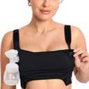 MOMANDA Hands Free Pumping Bra for Breastfeeding Wireless Sports Pumping and Nursing Bra in One with Wide Velcro Straps (Large, Black)